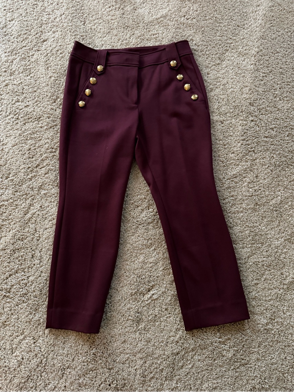 White House Black Market Burgundy Cropped Tailored Pants with Gold Buttons